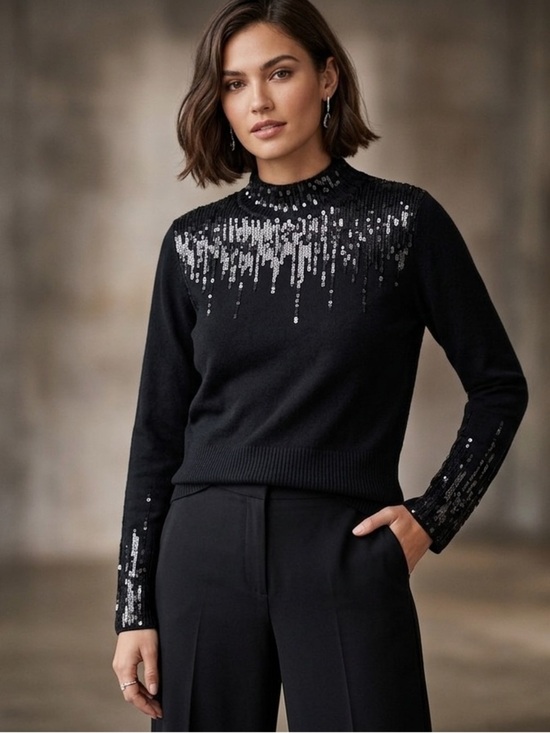 Marina Rinaldi Sweaters - Marina Rinaldi Silk Cashmere Black Mock Neck Sweater with Sequins (127)